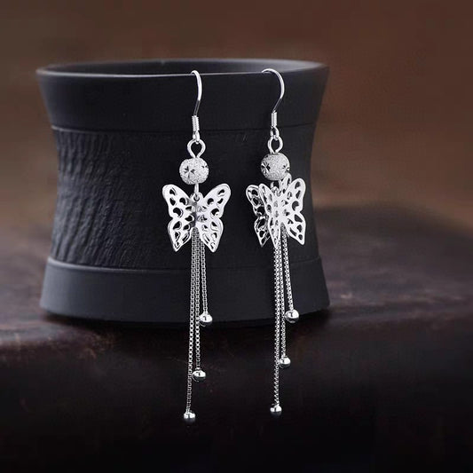 1 Pair Sterling Silver Hollow Butterfly Long Tassel Earrings, Elegant & Slimming, Perfect For Daily, Party & Dating, Ideal Valentine's Gift