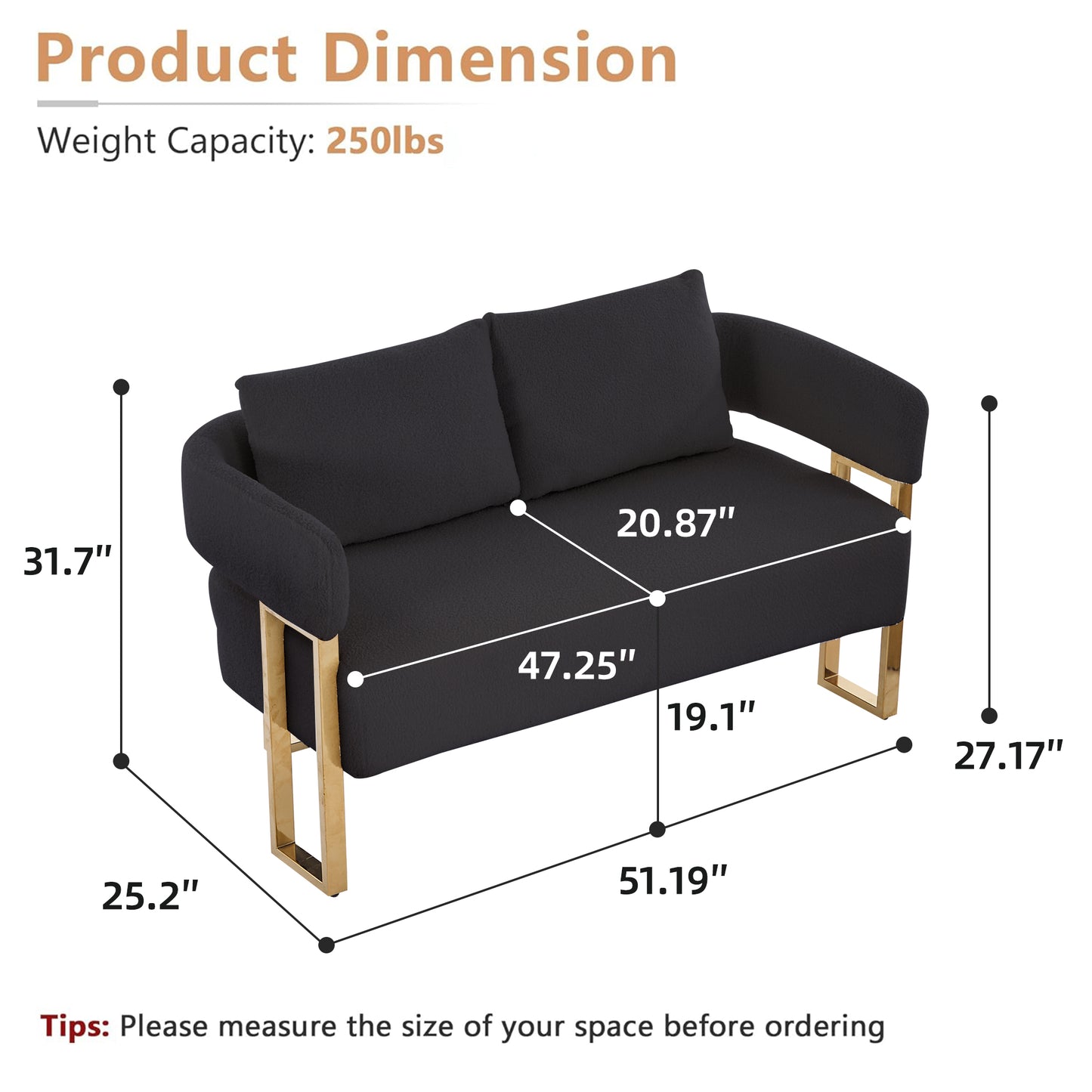 TS Modern Decorative Chair, Living Room Side Chair With Gold Metal Legs, No Wheels, Suitable For Dressing Area, Reception Room, Office,Teddy Fleece Upholstered Metal Foot Sofas Black