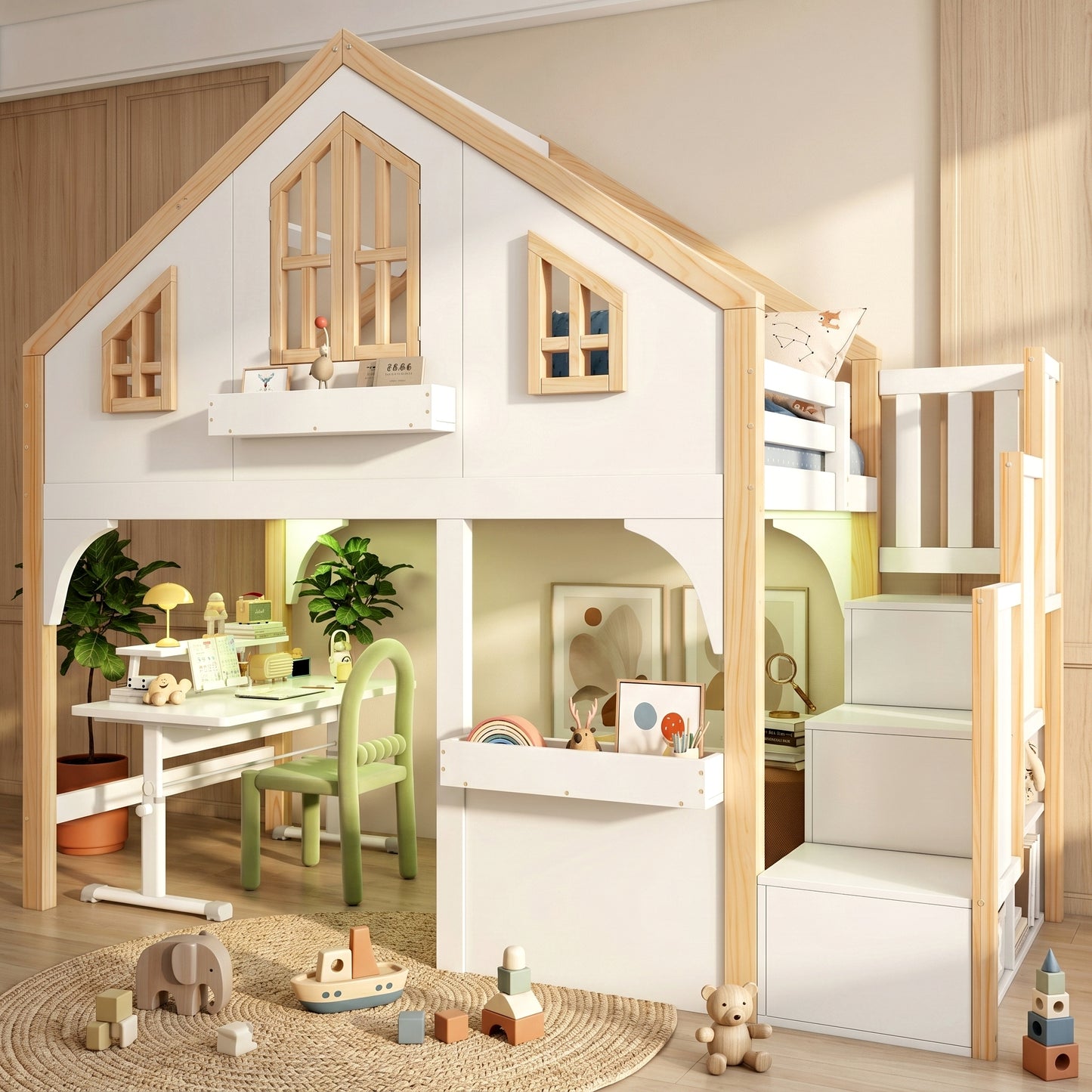 Bunk Bed, Loft Bed, Children's Bed, Wooden Bed, House Bed 3ft-90x190cm With LED Lighting And Storage Stairs, Window-shaped, White  Natural Color
