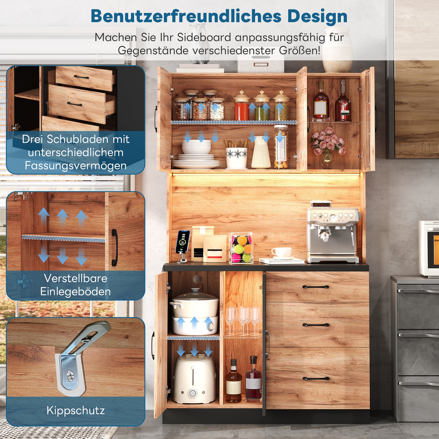 105 X40 X180 Cm Modern Kitchen Tall Cabinet, Black And Wood Look With LED Lighting, Adjustable Shelves And Euro-style Socket, Suitable For Kitchens, Dining Rooms, Living Rooms, Etc.