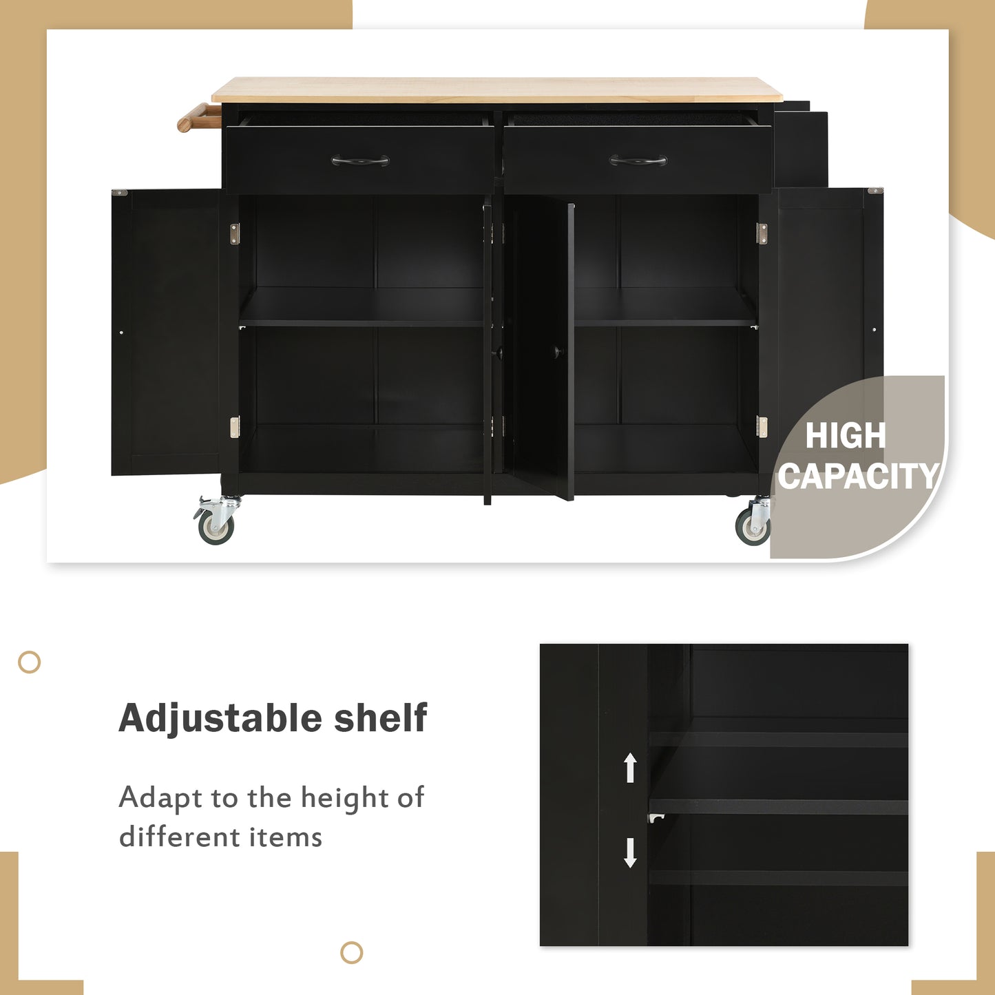 Kitchen Island Cart With Solid Wood Top And Locking Wheels,54.3 Inch Width,4 Door Cabinet And Two Drawers,Spice Rack, Towel Rack  Black