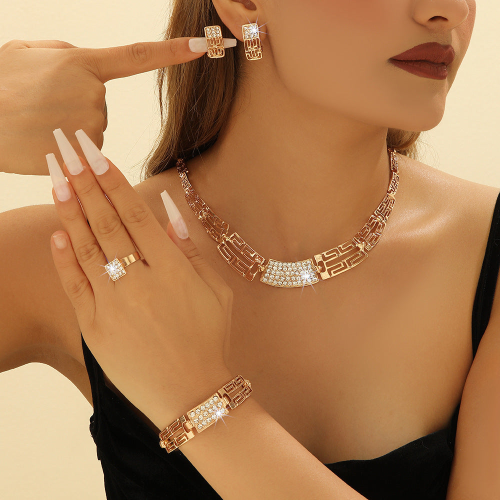 Cross-Border Gold Chain Set With European And American Style Diamond-Encrusted Four-Piece Set, Jewelry Accessories, Fashion Jewelry, Banquet Jewelry Factory