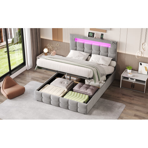 4ft6 Double Upholstered Bed Frame With Hydraulic Storage, Velvet Ottoman Bed With LED Lighting And Charging Station, Double Bed With Adjustable Button Tufted Headboard, Beige