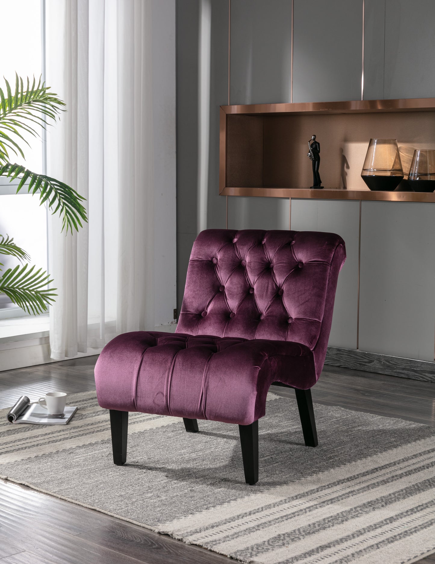 COOLMORE Modern Velvet Armless Accent Living Room Chair   Leisure Chair,Upholstered Fabric Button Comfortable Chair With Wooden Legs For Bedroom, Living Room, Office  Purple Velvet