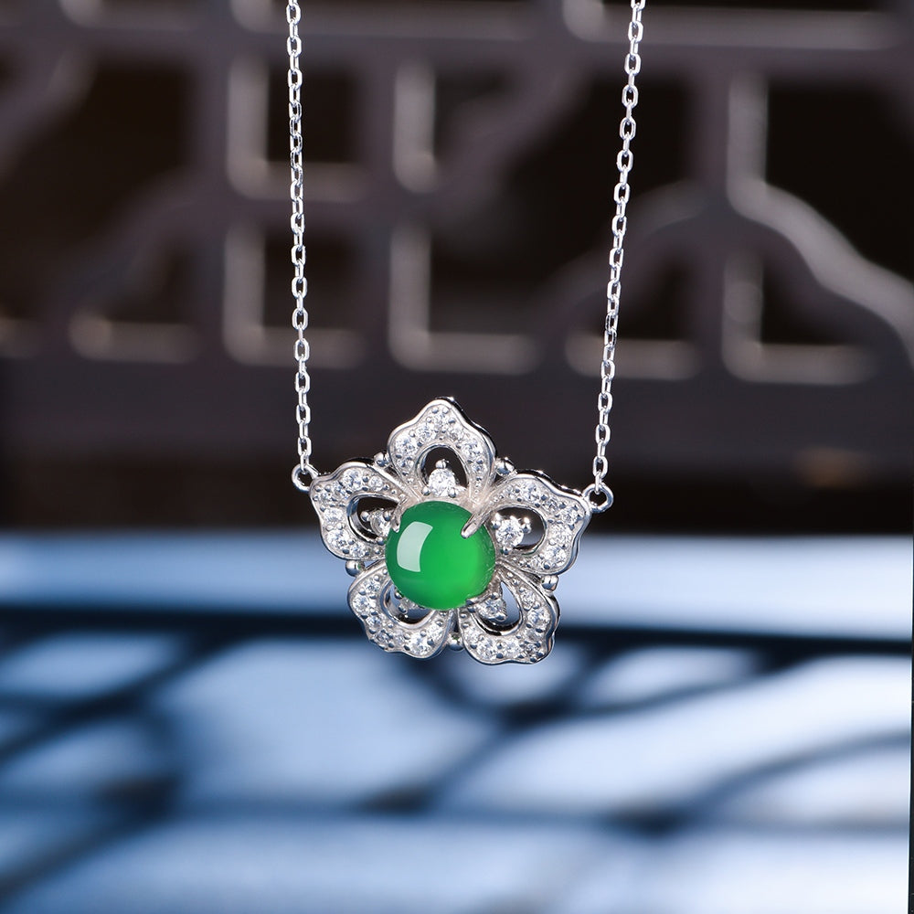 S925 Sterling Silver Flower Clover Necklace, 8mm Round Green Chrysoprase Pendant, Platinum Plated 45cm Chain, 4.5g Elegant Women's Jewelry Gift Set