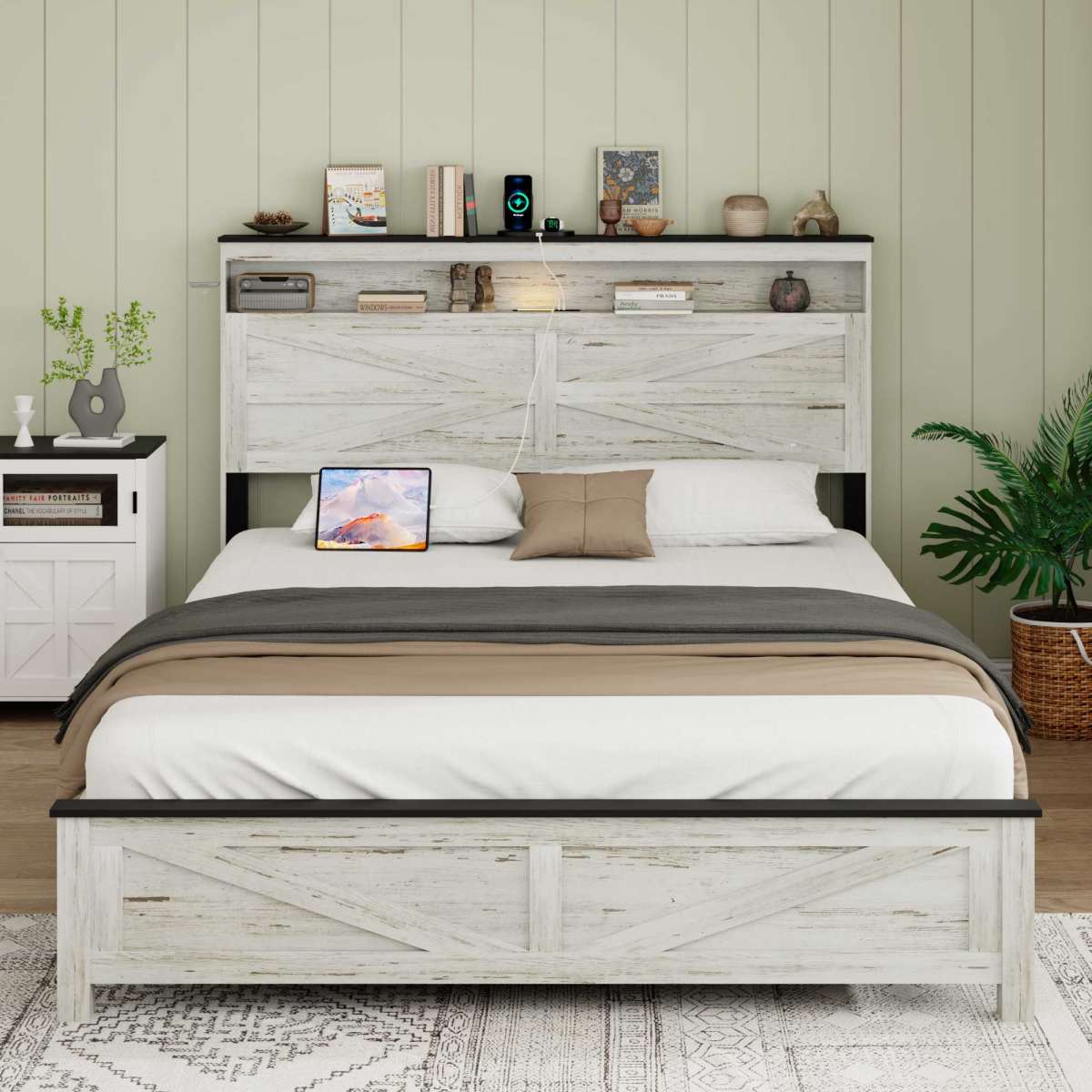 Queen Bed Frame With LED, Charging Station & Hidden Storage, White & Gray