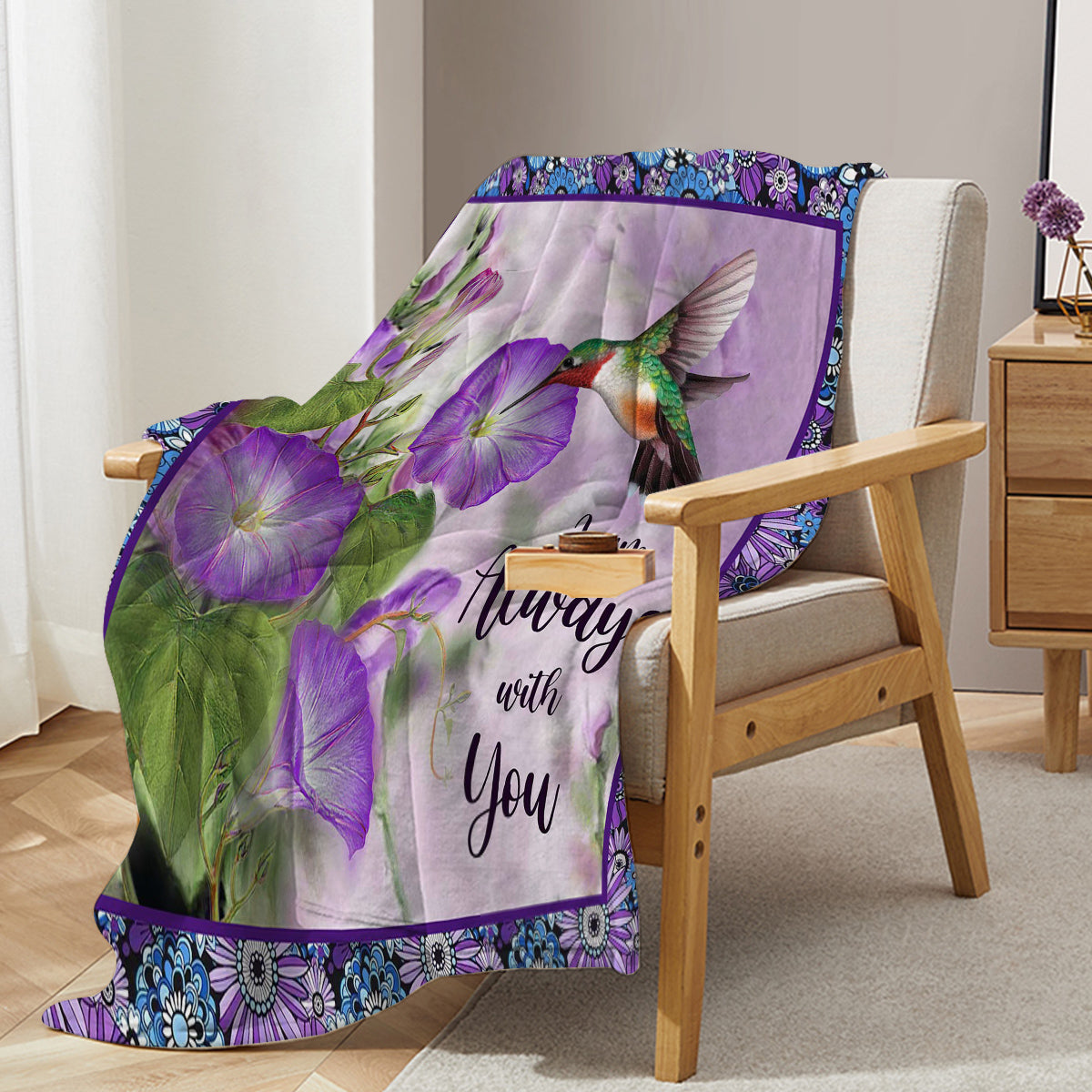 1pc Purple Morning Glory Hummingbird Print Flannel Blanket, Comfortable And Warm Home Throw For Bed, Sofa, Camping, And Multi-Scene Use With Seasonal Versatility