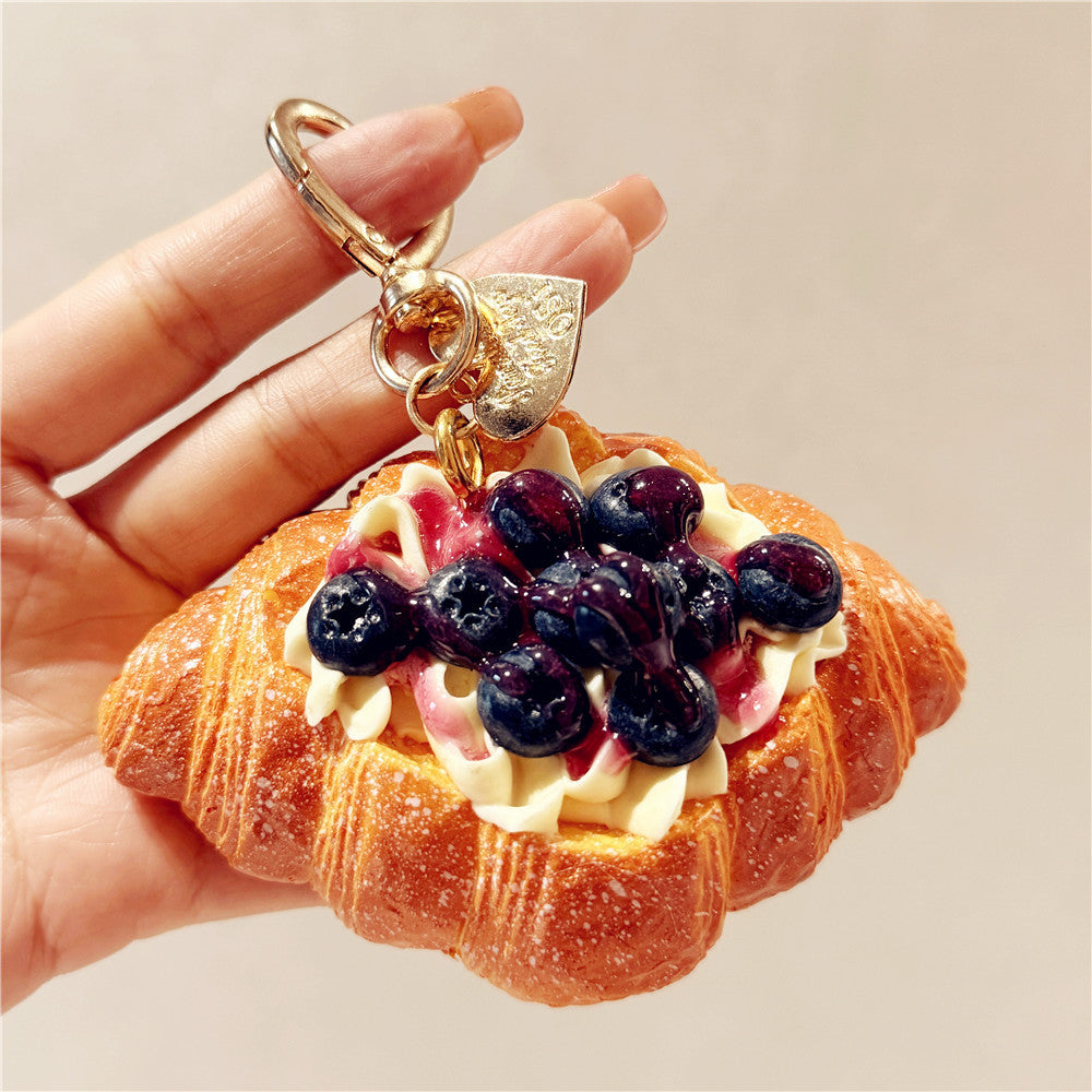 Artificial Food Cream Fruit And Croissant Keychain Pendant