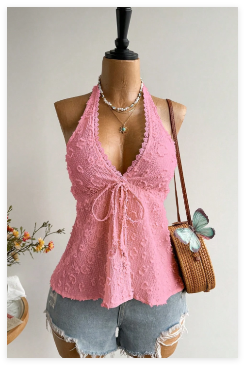 New V-neck Backless Halter Top Vacation Style Sexy Hot Girl Jacquard Summer Top