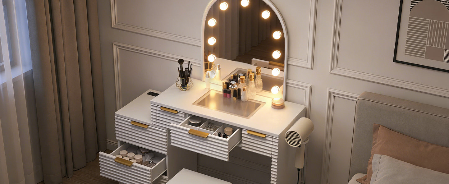 Makeup Vanity Desk With Mirror Lights Glass Tabletop 3 Lighting Modes Adjustable Vanity Table Modern Makeup Desk With Chair Power Outlet And 6 Drawers For Bedroom