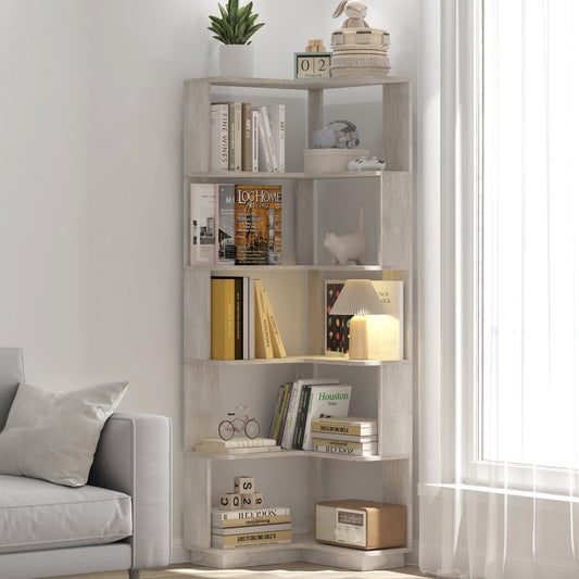 6 Tier Freestanding L-Shaped Corner Bookshelf For Living Room, Bedroom, Wood Bookcase With Anti-drop Panle And Anti Tipping Device, Display Shelf Open Storage Rack Organizer For Home Office Light Gray