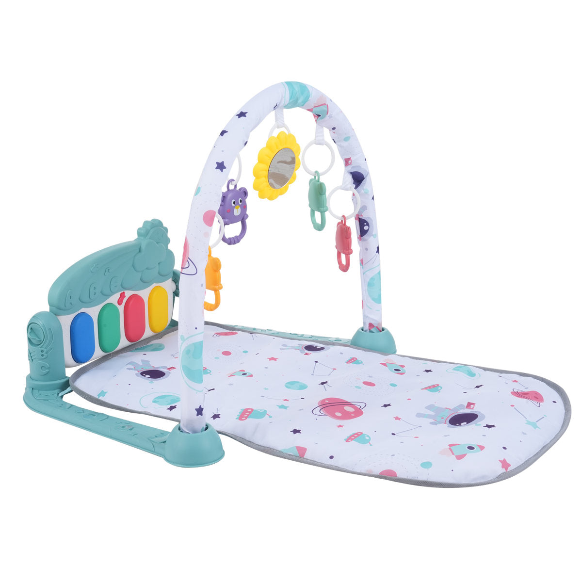 Baby Play Mat With Piano Keyboard &amp; Deatchable Hanging Toys, Kick And Play Musical Activity Gym, Tummy Time Crawling Mat For Infants 0-12 Months, 4 Colorful Hanging Toys And Sun Flower Mirror